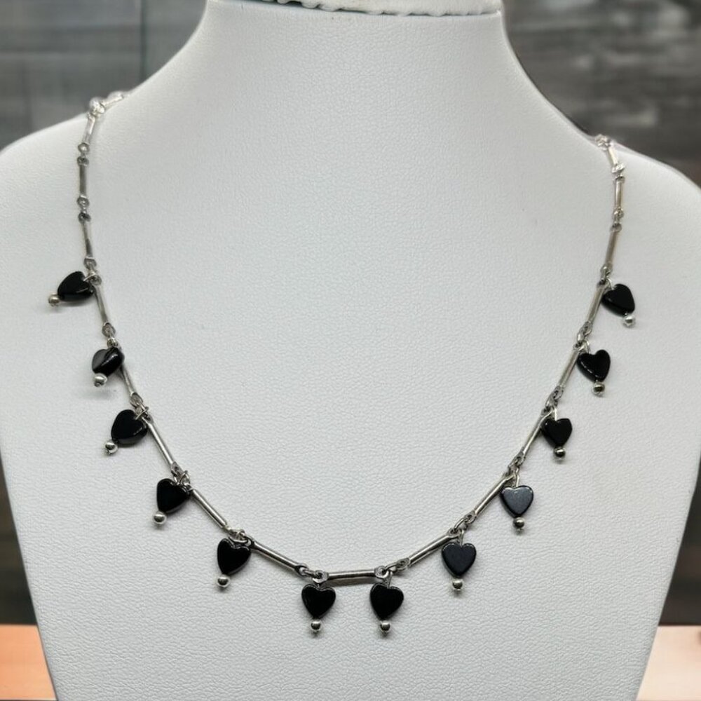 Sterling Silver Necklace Black Onyx Heart Dangle 16" Adjustible 925 Cedar Canyon